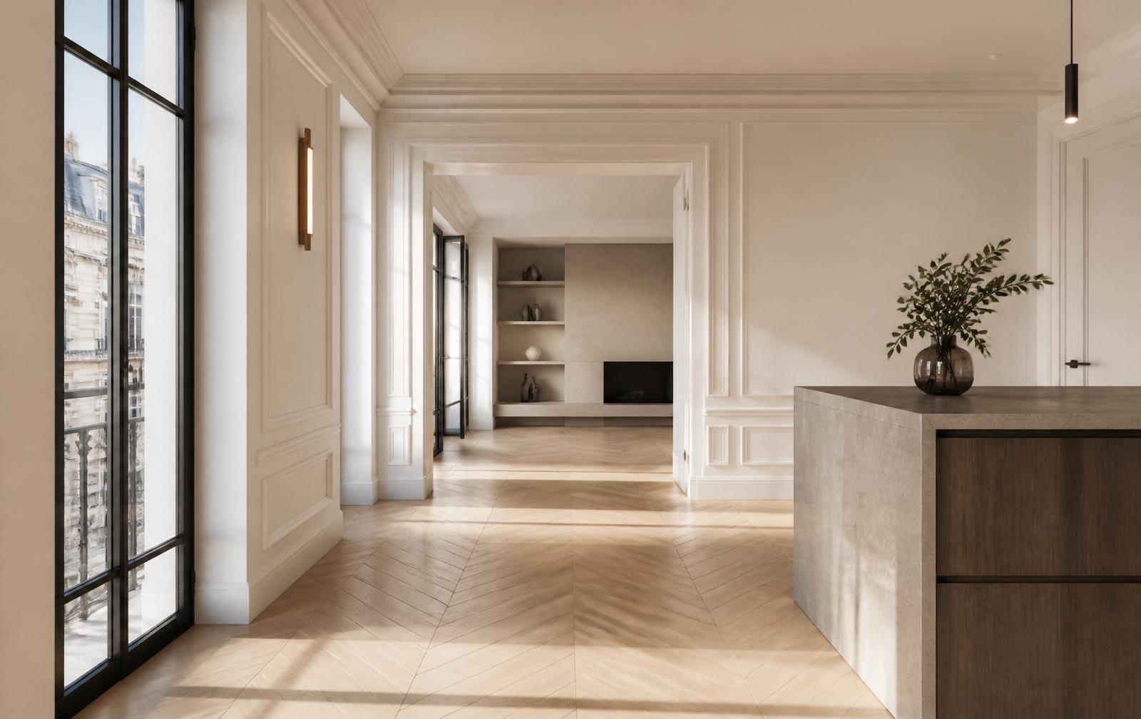 Appartement rénové avec parquet chevron et lumière naturelle